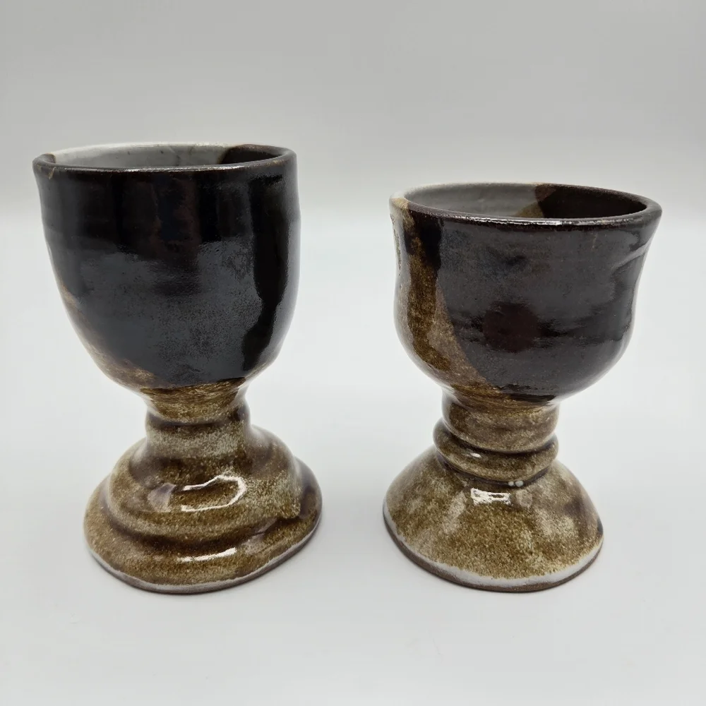 Vintage Handmade Pottery Set Of 2 Small Glazed Goblets Chalice Cups Signed JILL